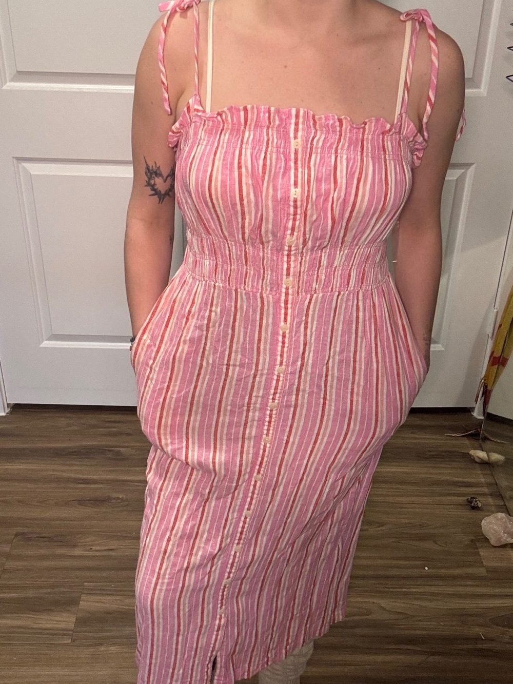 Pink Striped Midi Sundress with Tie Shoulders